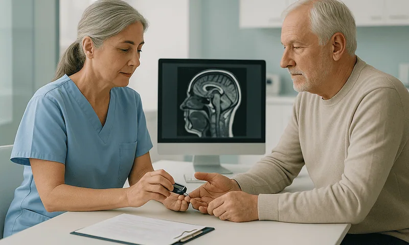 Doctor examining an elderly patient's hand in a medical consultation.