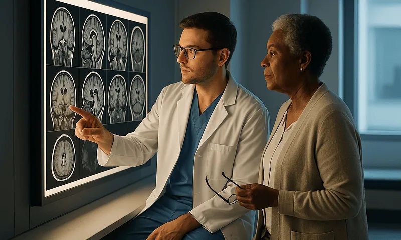 Doctor and patient reviewing brain MRI scans in a hospital setting.