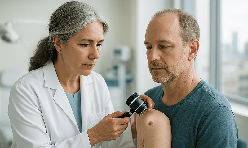 Dermatologist examining patient's skin with dermatoscope in clinic.