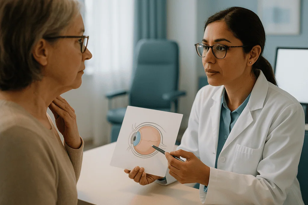 Female doctor explaining eye anatomy diagram to older patient: Active and inactive phases: the two chapters that decide the 