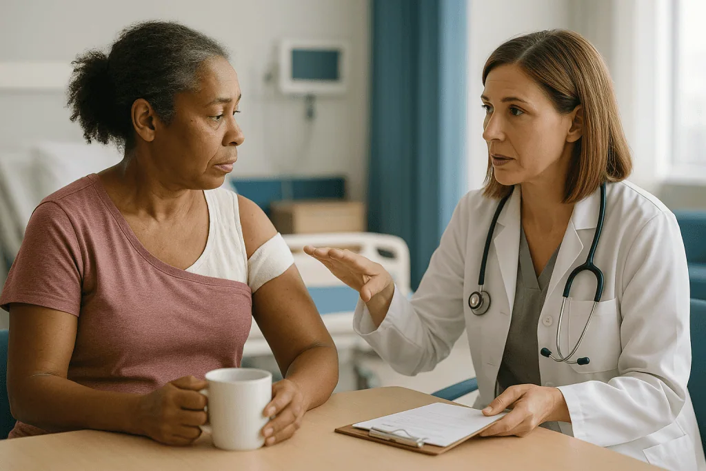 Doctor consulting patient in medical office setting: Activity limits after reconstruction: what to avoid and why