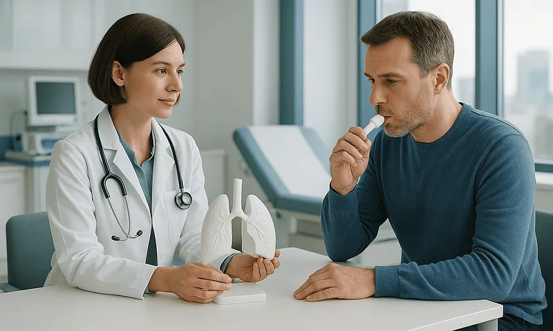 Doctor explaining lung anatomy to patient in a consultation room.