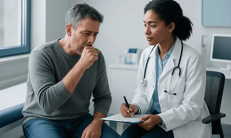 Doctor consulting with a patient about respiratory symptoms in a clinic setting.