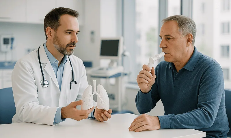 Doctor explaining lung model to patient in a medical consultation.