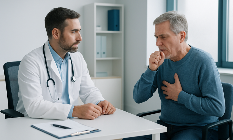 Doctor consulting with an older male patient about cough symptoms.
