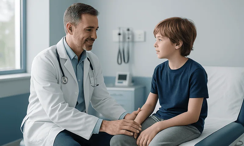 Doctor comforting a young boy in a hospital room.