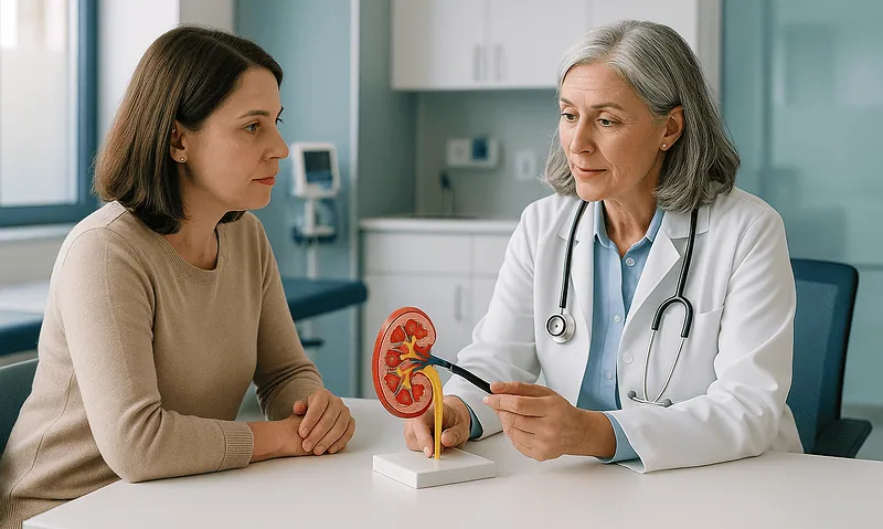 Doctor explaining kidney model to patient in medical consultation room.