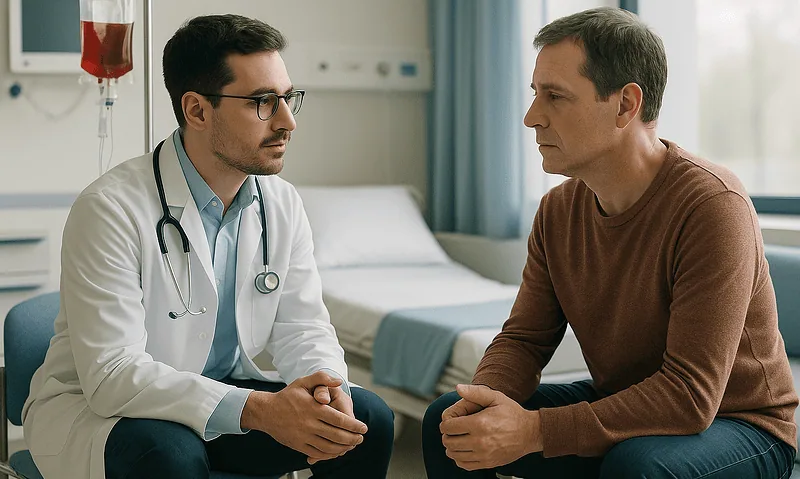 Doctor consulting with a patient in a hospital room.