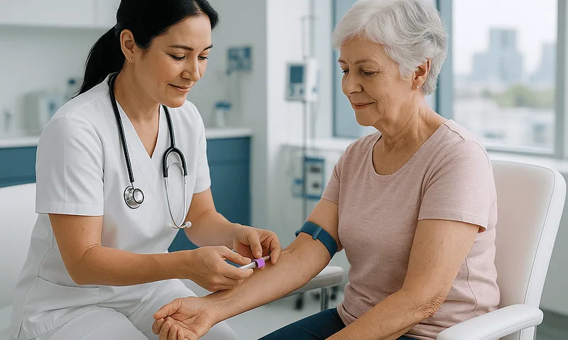Nurse drawing blood from an elderly woman in a hospital setting.