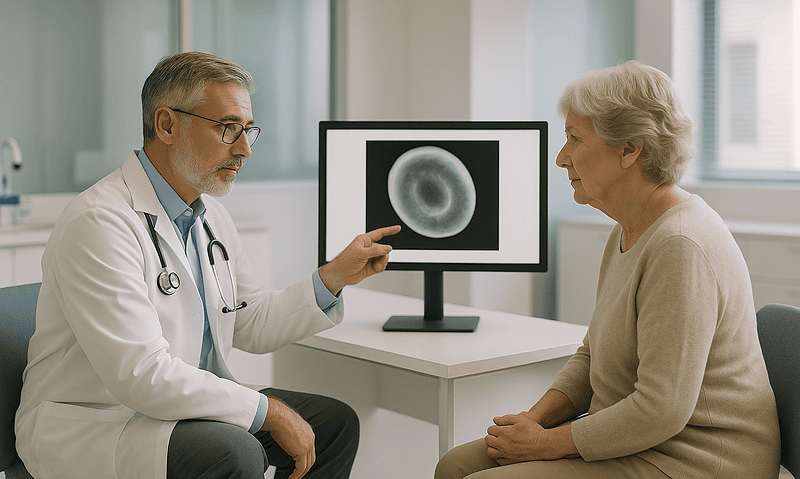 Doctor explaining blood cell image to elderly woman in medical consultation.