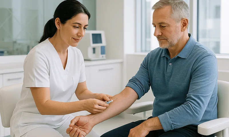 Doctor administering a blood test to a male patient in a hospital setting.