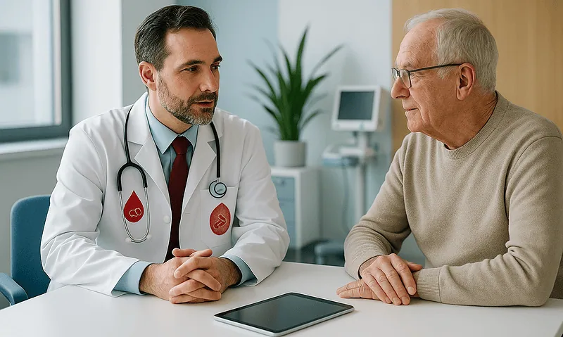 Doctor consulting with elderly patient in hospital setting.