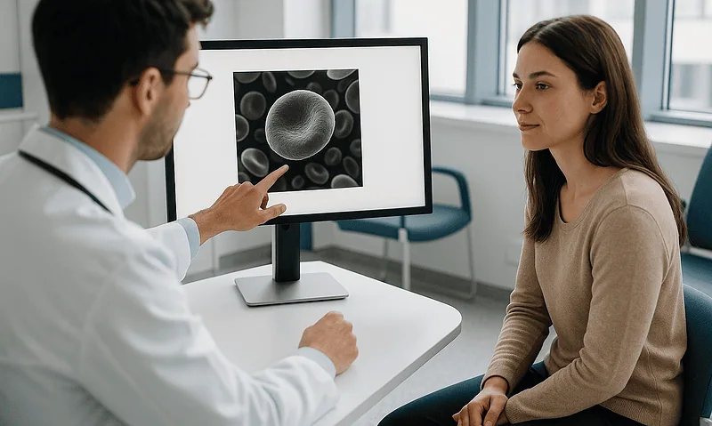 Doctor explaining blood cell image to patient in a medical consultation.