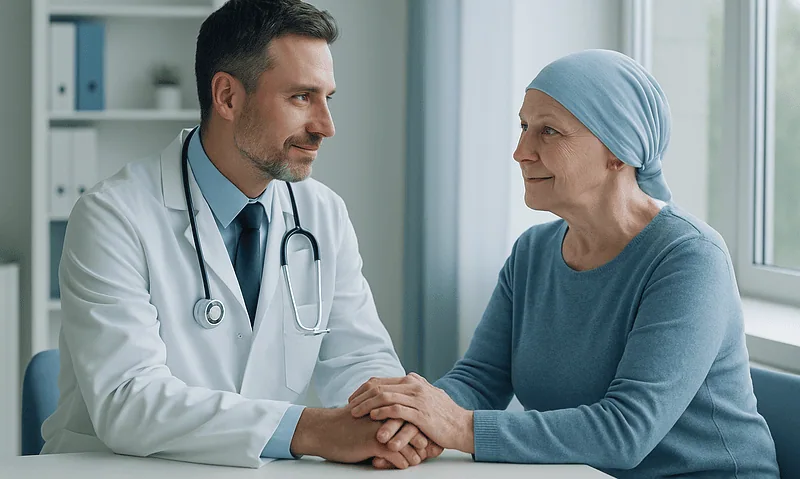 Doctor comforting a patient with a headscarf in a medical office.