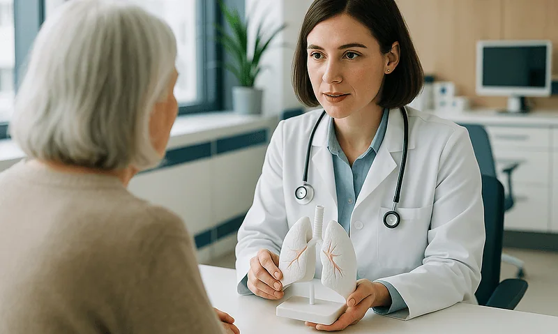 Doctor explaining lung anatomy to an elderly patient in a medical office.