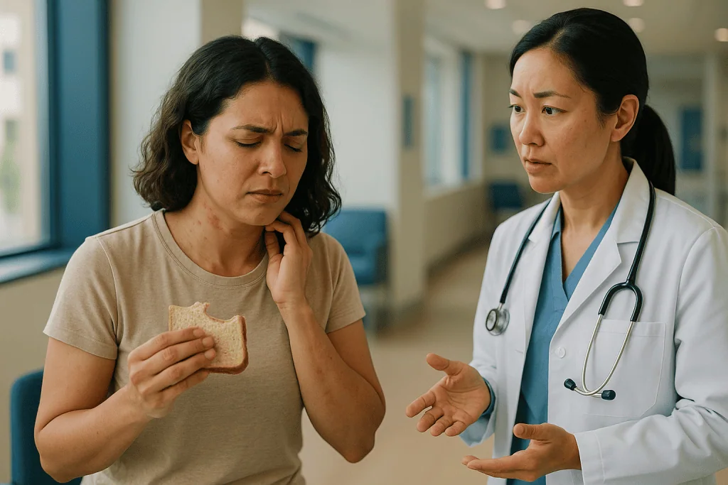 Doctor consulting patient about digestive/throat symptoms: Acute urticaria triggers: what usually sets off short-lived hives