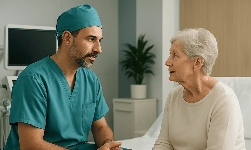 Doctor consulting with elderly female patient in hospital room.