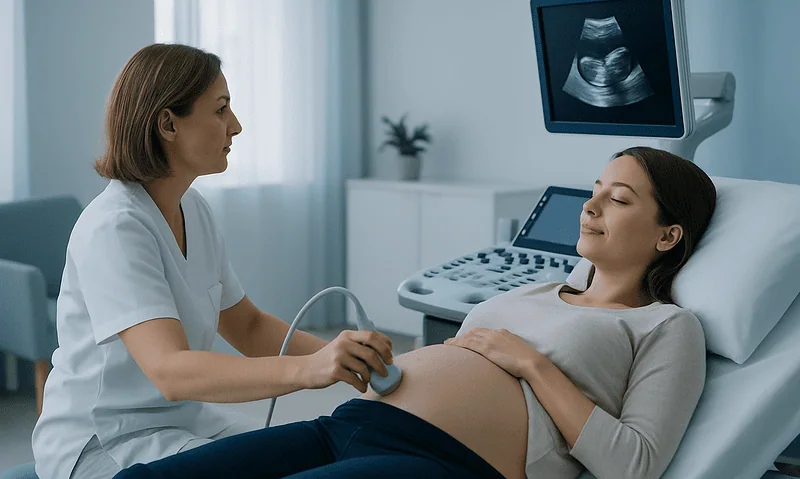 Pregnant woman having ultrasound scan in a hospital room.