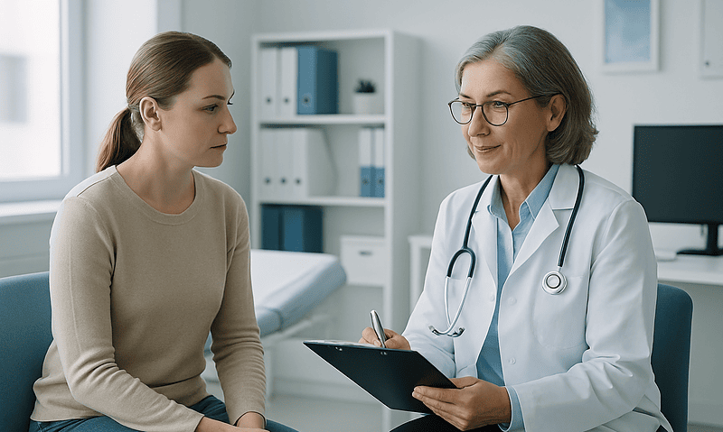 Female doctor consulting with a young woman in a medical office.