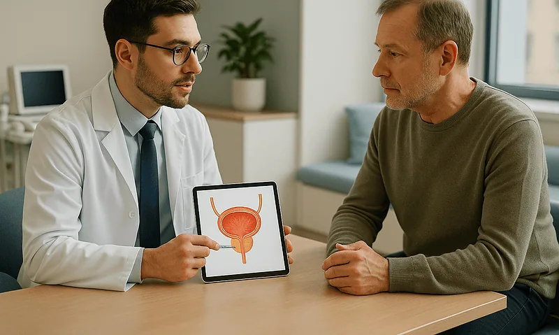 Urologist explaining urinary system to patient in consultation room.