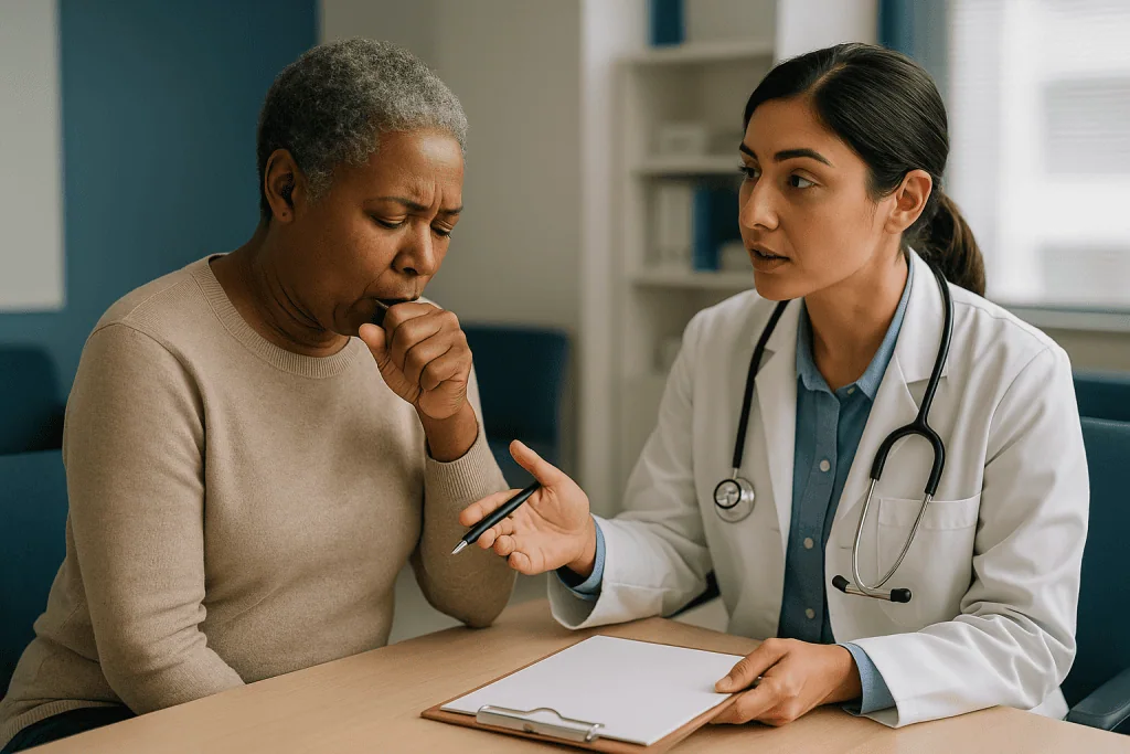 Doctor consulting with older adult patient at desk: Acute vs chronic bronchitis: the definitions doctors actually use