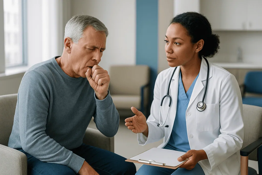 Doctor consulting with older male patient in clinic: Acute vs chronic bronchitis: two conditions that share a name
