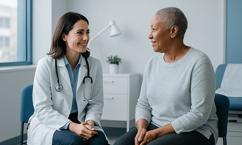 Doctor consulting with an elderly patient in a hospital room.