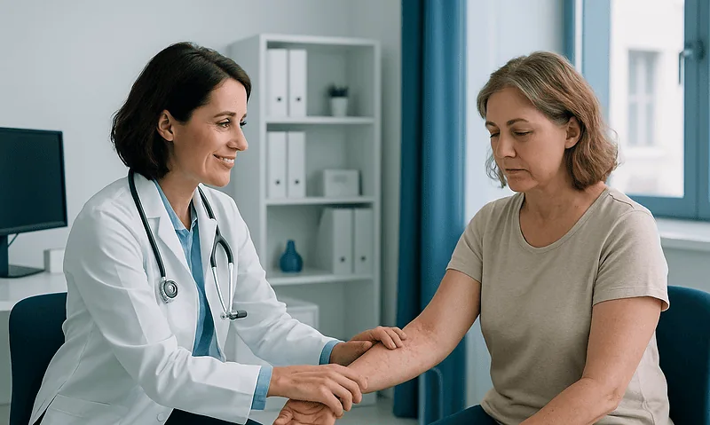 Doctor examining a patient's arm in a clinical setting.