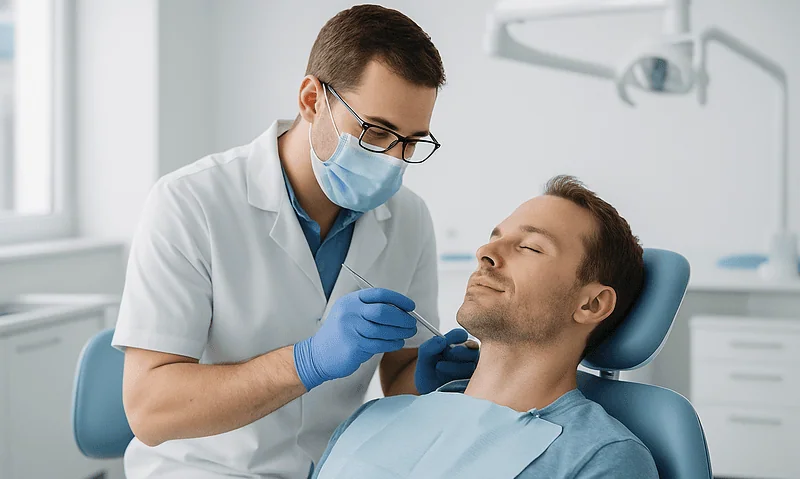 Dentist performing oral exam on patient in dental clinic.