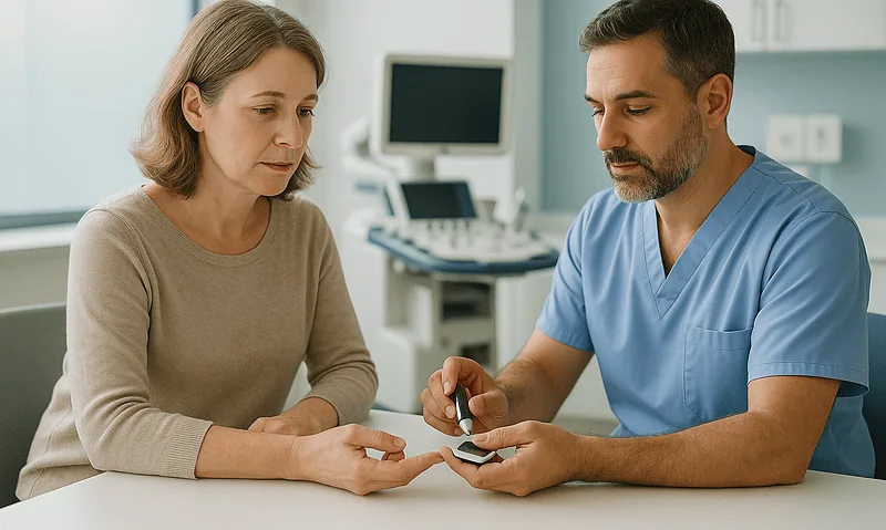Doctor explaining medical results to a female patient in a clinic setting.