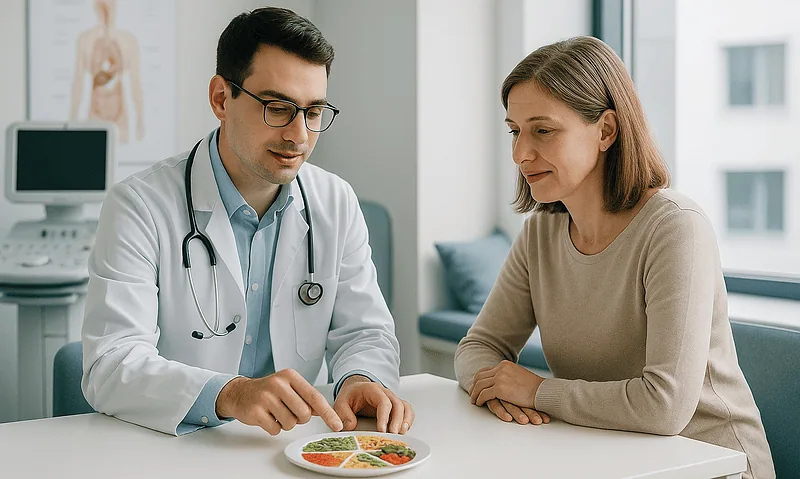 Doctor explaining adrenal gland health to a patient in a clinic setting.