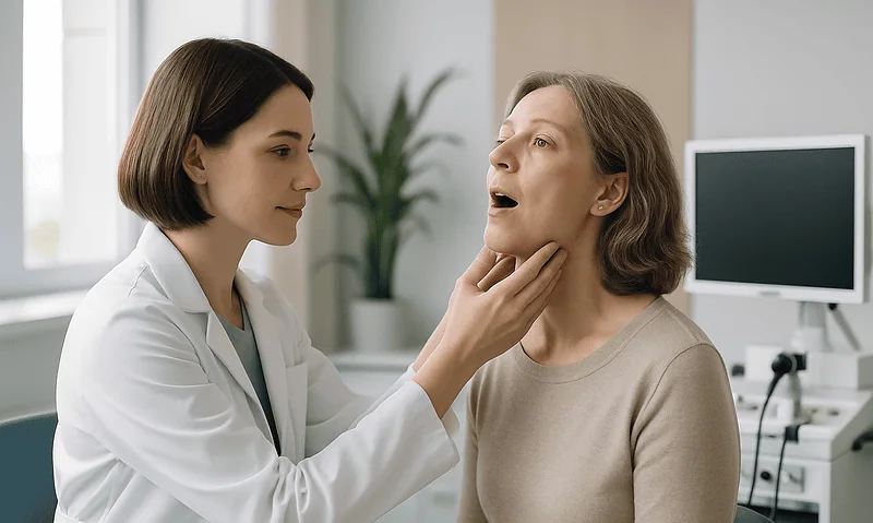 ENT specialist examining a woman for adenoid hypertrophy in a clinic setting.