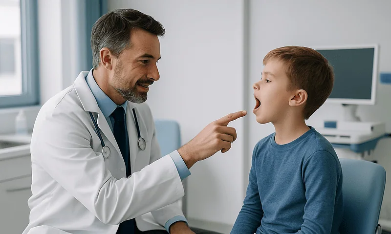 Pediatric ENT doctor examining a young boy's throat in a clinic setting.