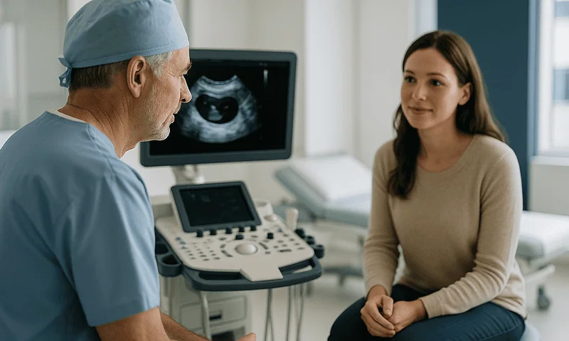 Doctor discussing ultrasound results with a patient in a medical clinic.