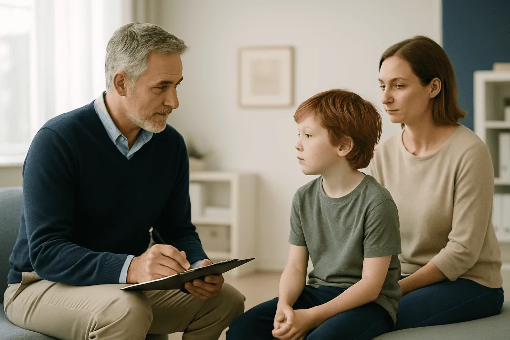 ADHD 1 Doctor consulting with a young boy and his mother in a medical office.