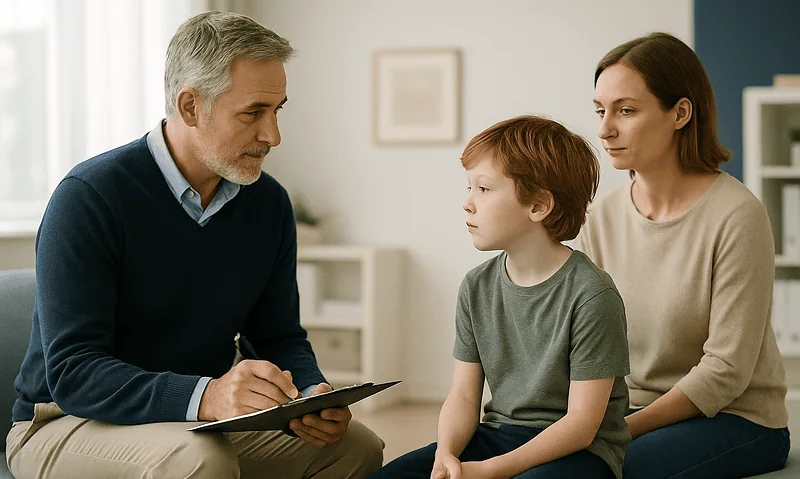 Doctor consulting with a young boy and his mother in a medical office.