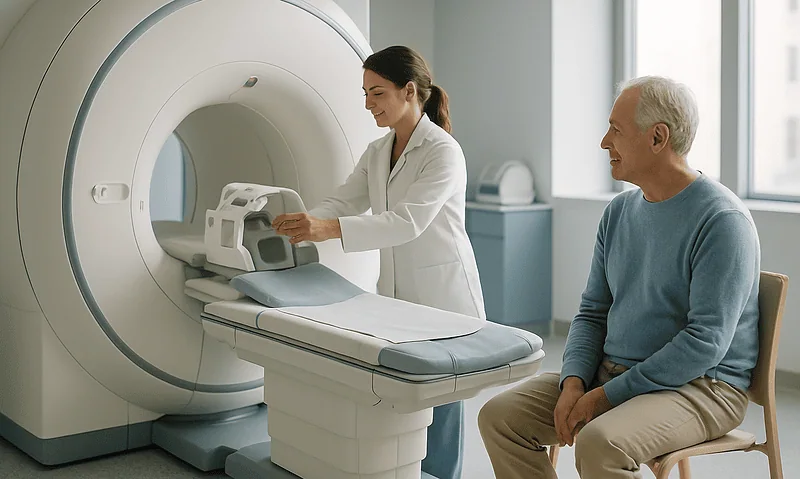 Medical professional prepares MRI scan for patient in hospital.