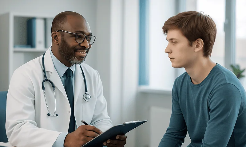 Doctor consulting with a young patient in a medical office.