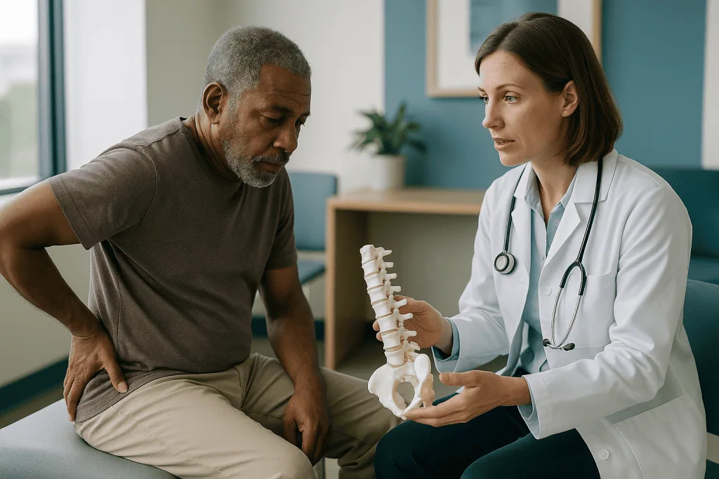 Doctor consulting patient about spinal anatomy model: Adjacent segment disease after fusion: what the evidence really shows