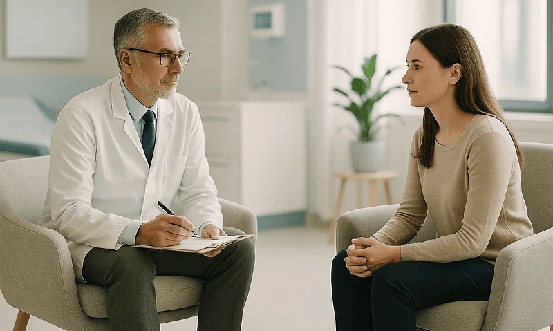Psychologist and patient in a therapy session at Acibadem Hospital.