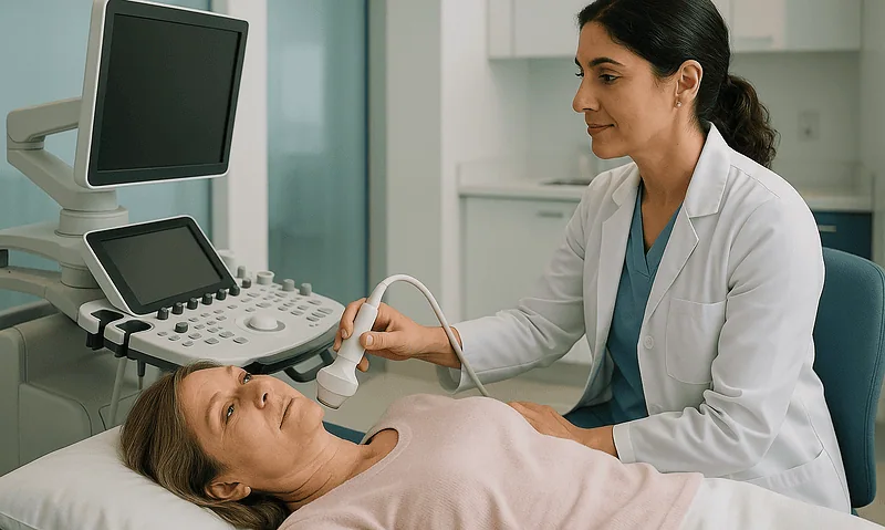 Doctor performing ultrasound scan on a patient in a hospital setting.