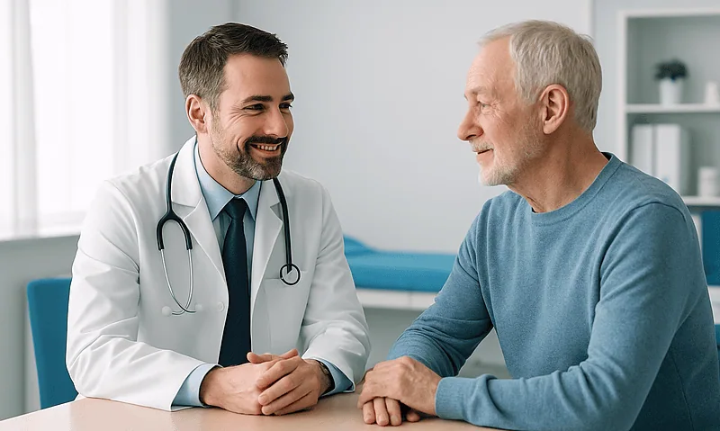 Doctor consulting with an elderly patient in a medical office.