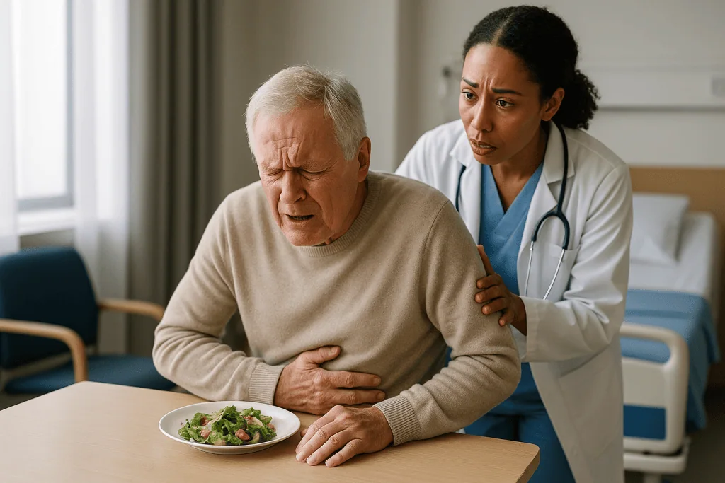 Elderly patient with stomach pain, doctor providing support: Adrenal crisis symptoms: why this is a medical emergency