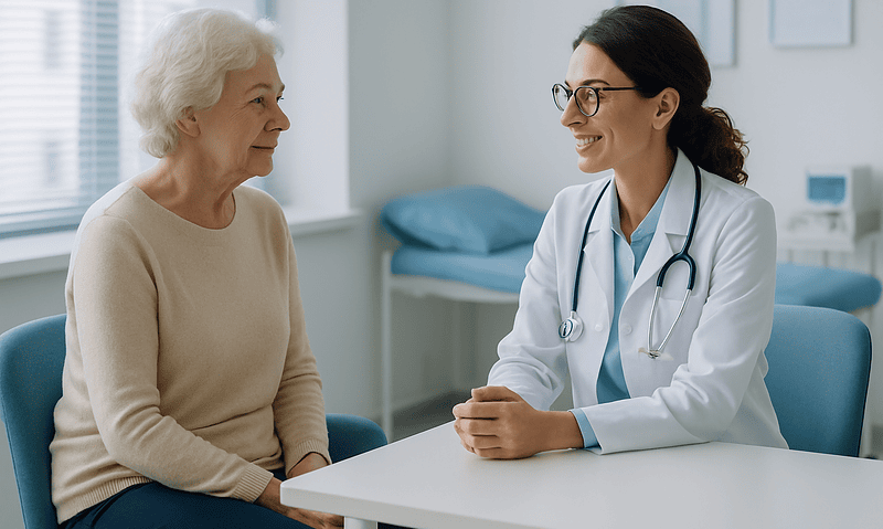 Doctor consulting with elderly patient in a medical office.