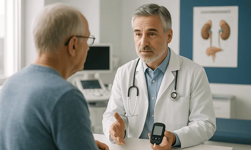 Endocrinologist discussing adrenal health with patient in clinic.