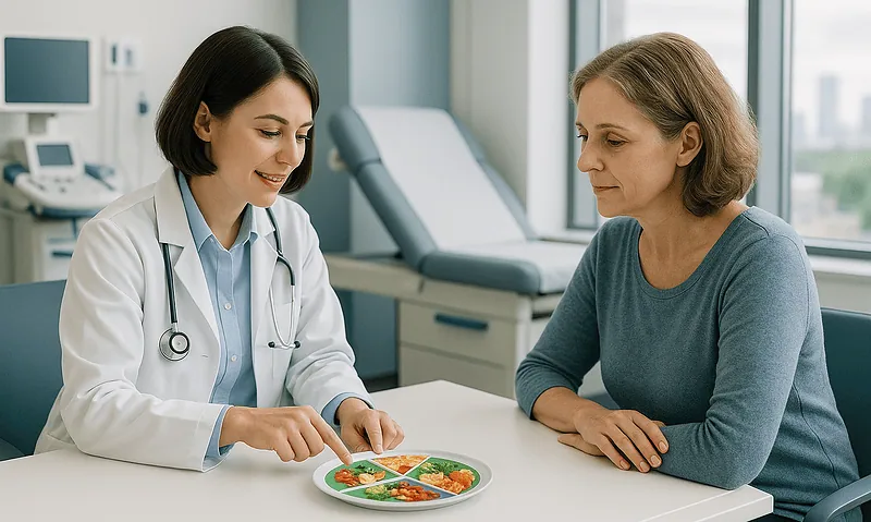 Doctor discussing healthy diet with patient in hospital setting.