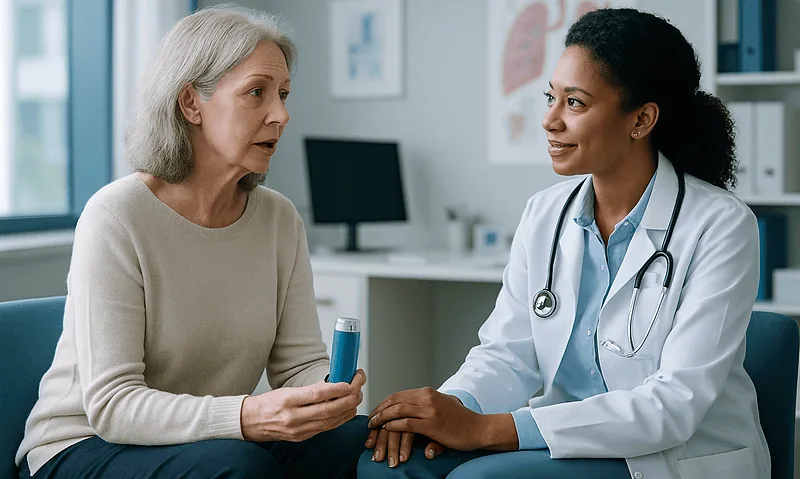 Doctor consulting with an elderly woman about asthma inhaler use.