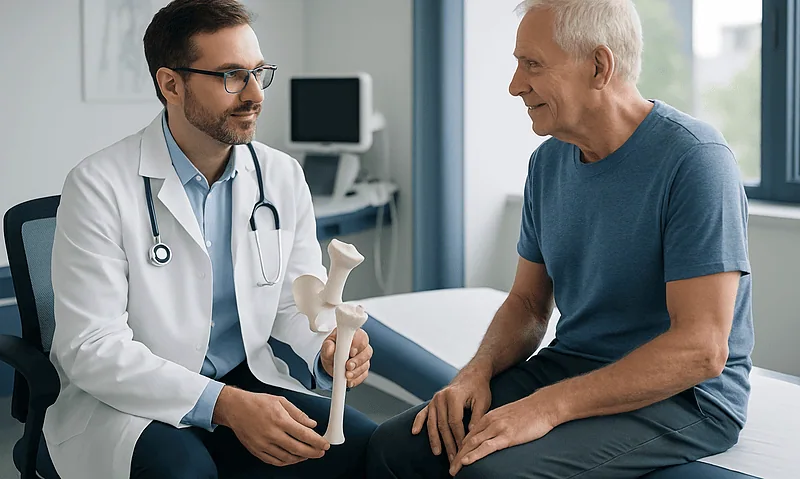 Orthopedic consultation at Acibadem Hospital with doctor and patient discussing hip joint.