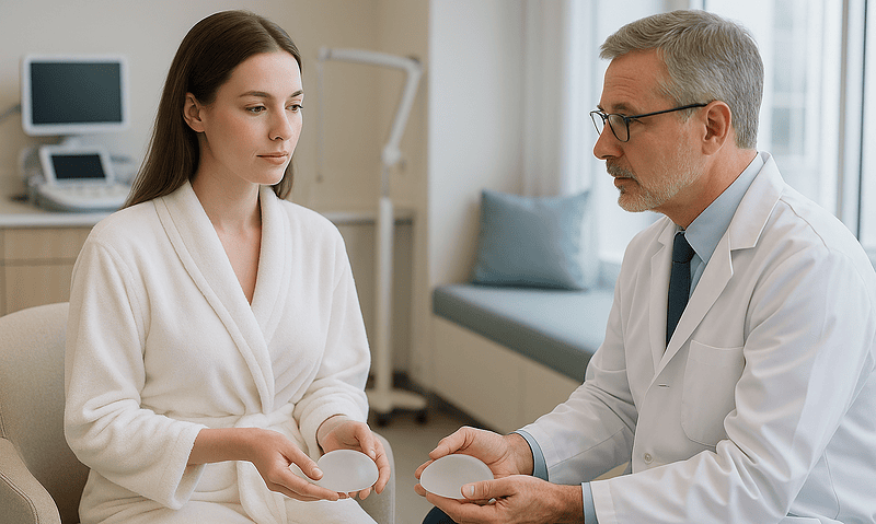 Patient consulting with doctor about aesthetic breast surgery options.