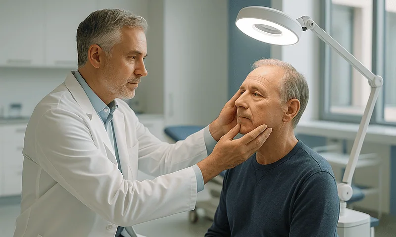 Doctor examining an elderly man's face in a clinical setting.